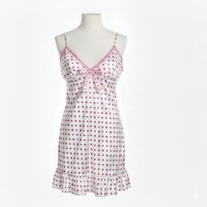 VTG Victoria's Secret Pink Polka Dot Satin Chemise Ruffle Slip Dress Y2K L 11-07